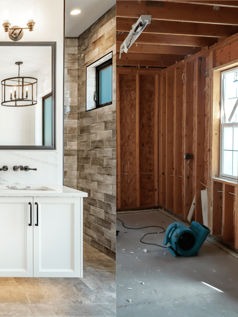 Avant / Après : Assèchement et reconstruction après sinistre. À gauche, une salle de bain rénovée avec des matériaux modernes. À droite, un bâtiment en cours de restauration après un dégât d'eau. Nous offrons une prise en charge complète, de l'assèchement à la reconstruction